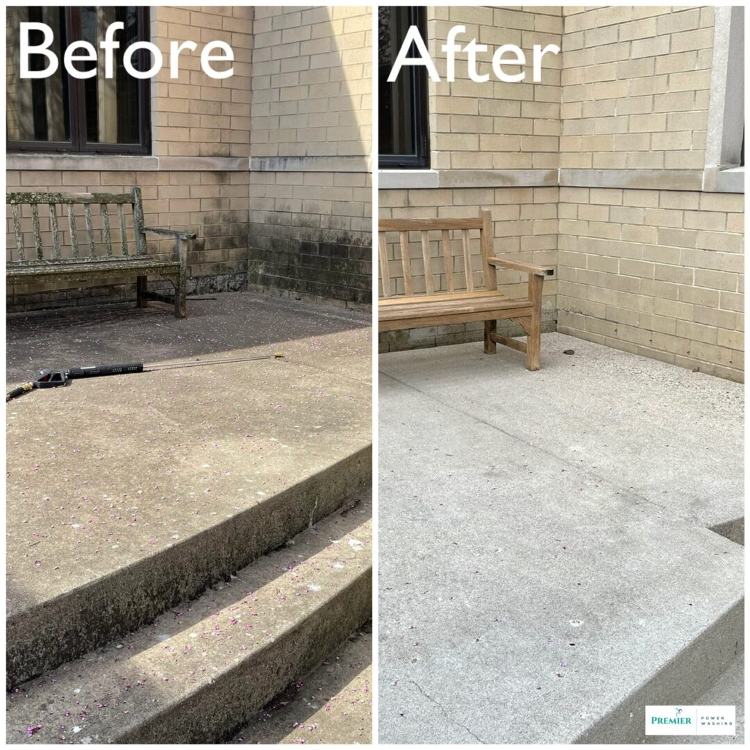 A before and after picture of the steps in front of a building.