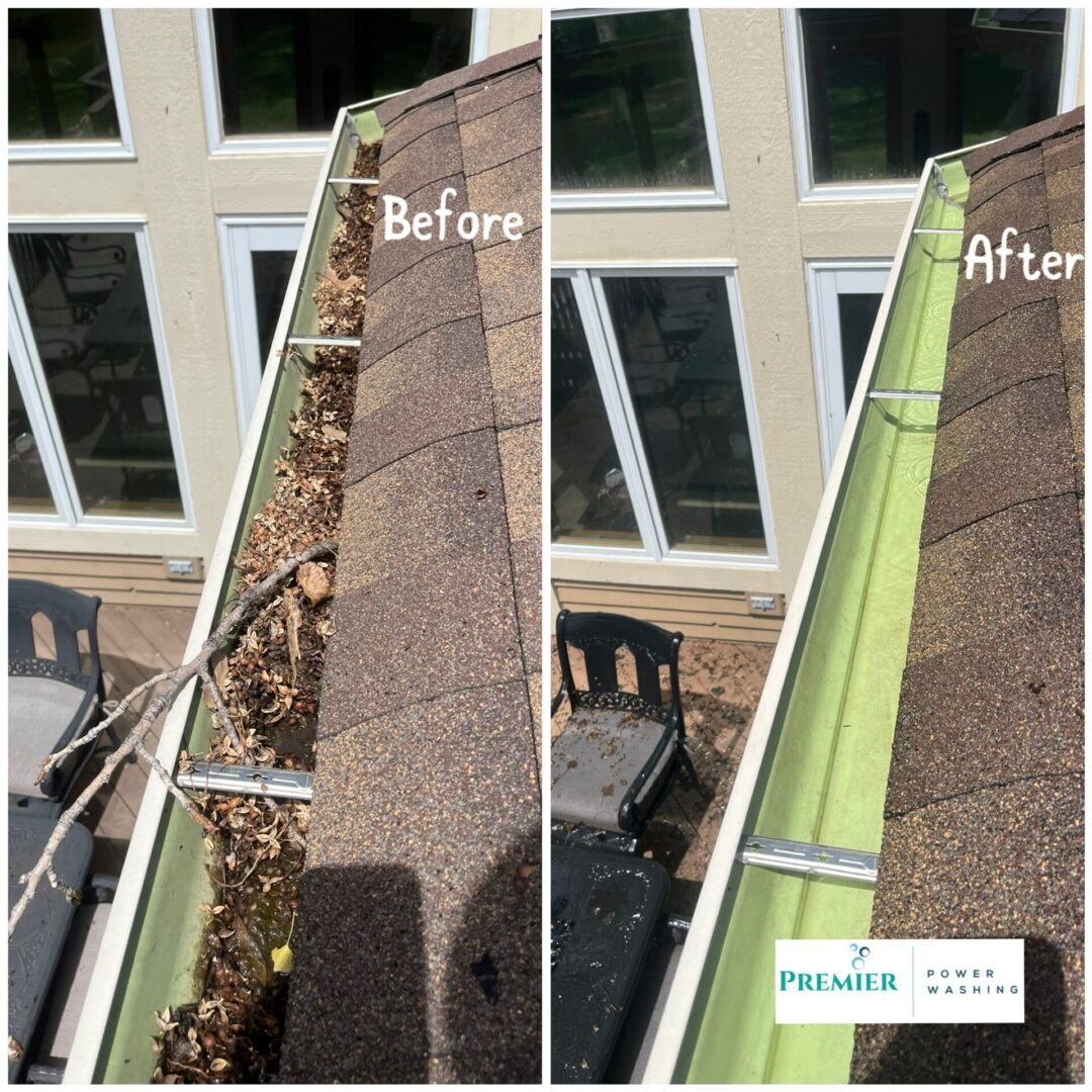 A before and after picture of gutter cleaning.