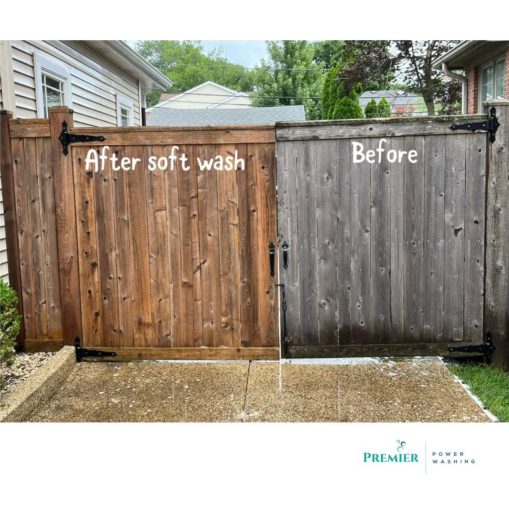 A fence that has been painted with soft wash.