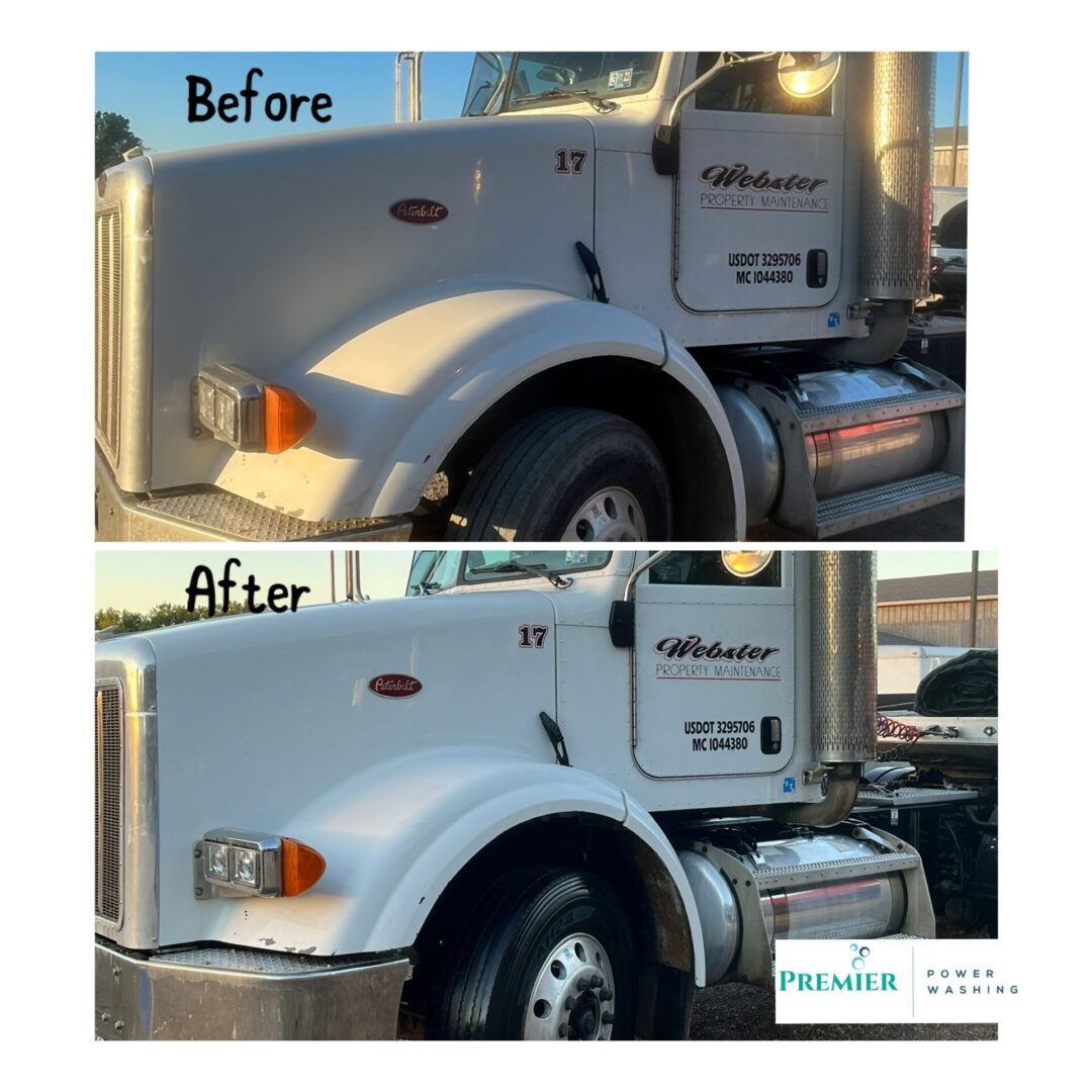 A before and after picture of the front end of a truck.