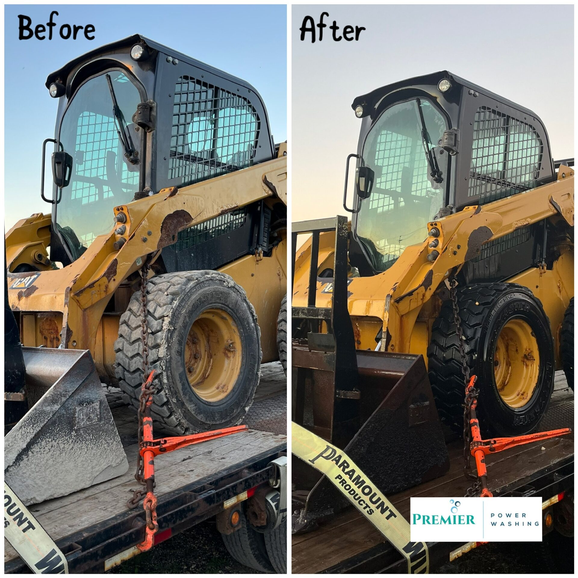 A before and after picture of the front of a truck.