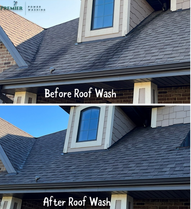 A before and after picture of the roof wash.